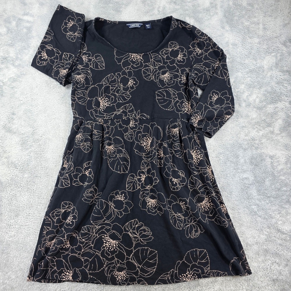 Lands End Floral Empire Waist Knit Dress Black Pink Medium Petite Women Floral